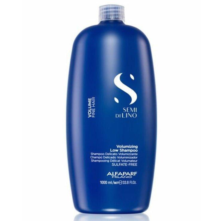 Close up of Alfaparf Semi Di Lino volumizing low shampoo bottle